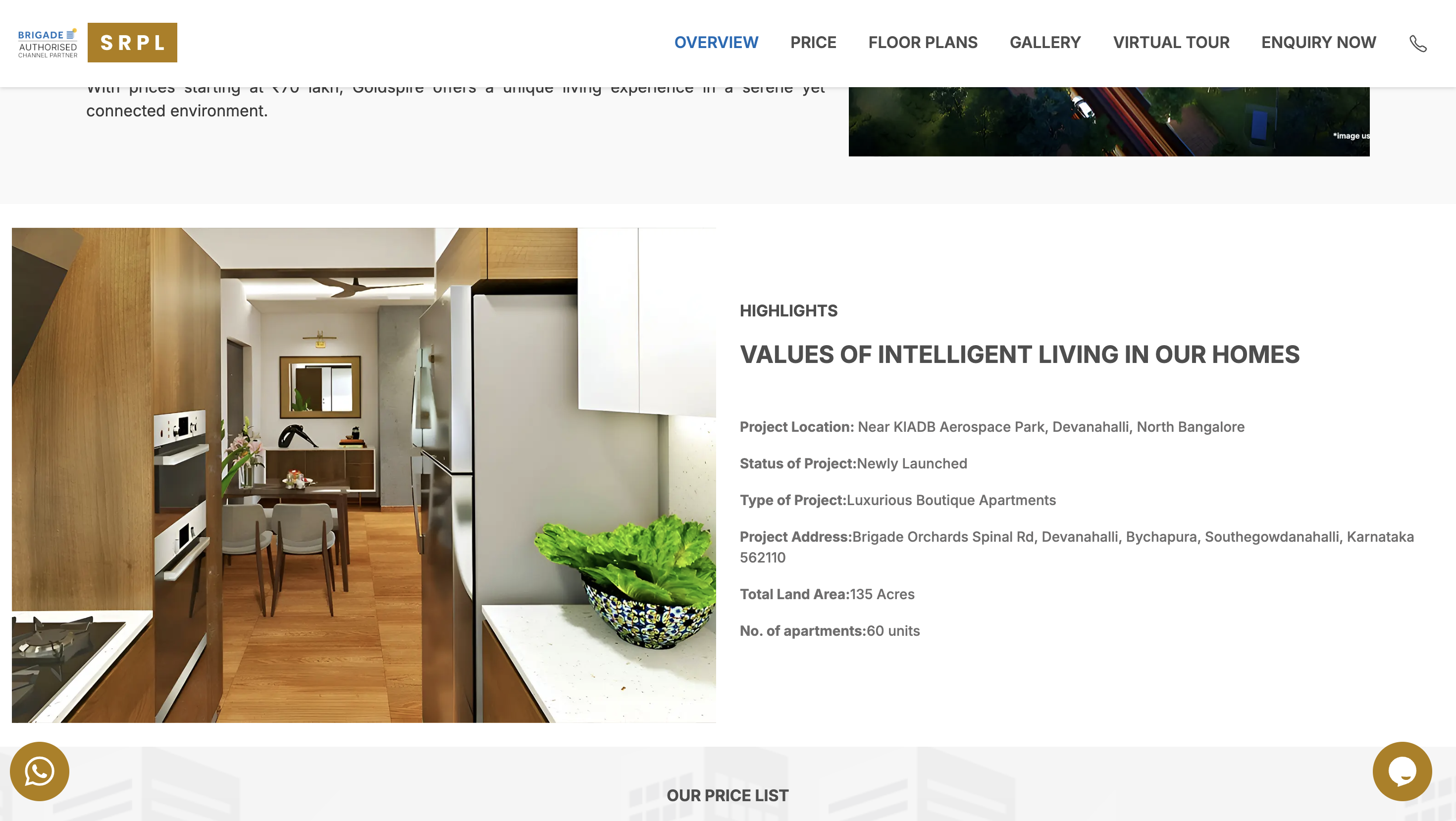 Brigade Orchards Goldspire microsite showcasing cluster homes, amenities, and enquiry options