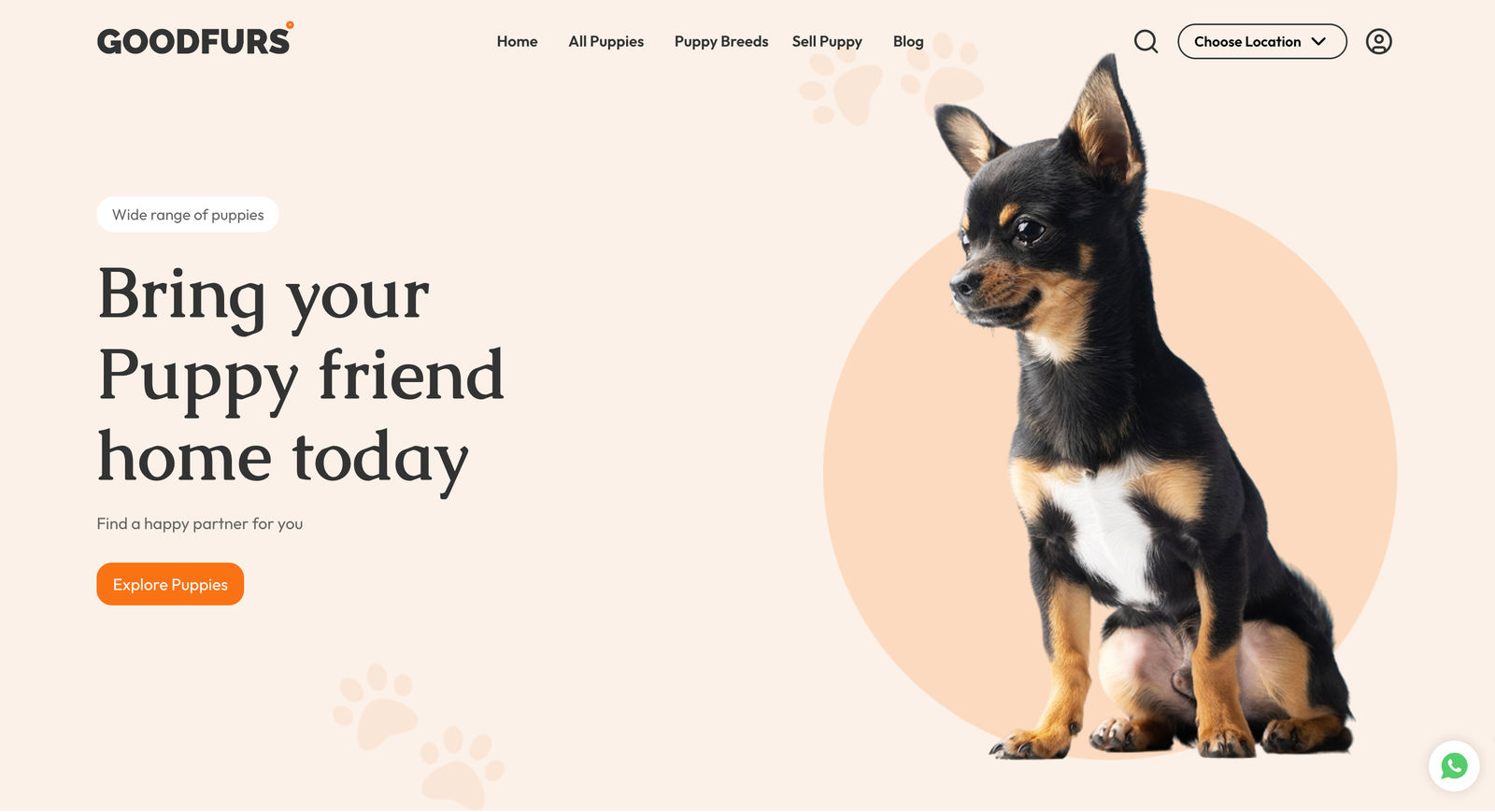 GoodFurs homepage showing puppies & dogs marketplace UI