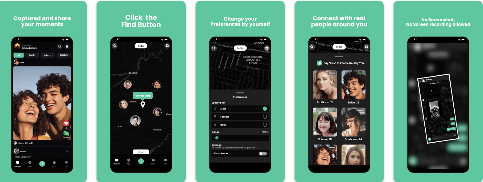 Haiyvee social networking app UI with chat and reels