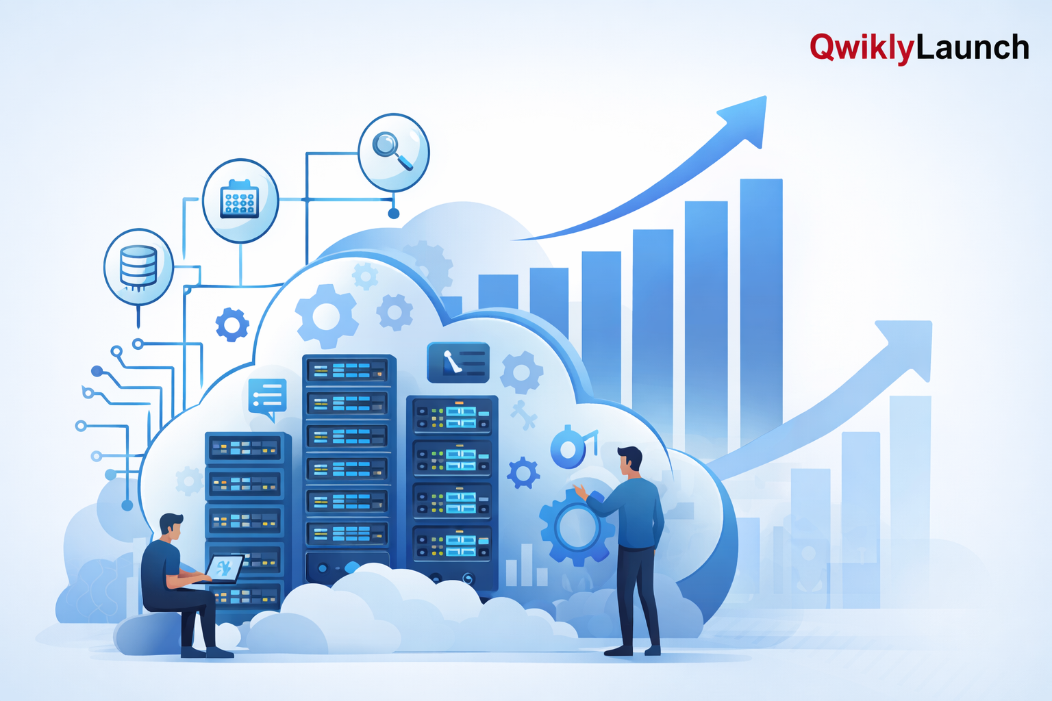 Scalable software architecture illustration showing cloud infrastructure and business growth