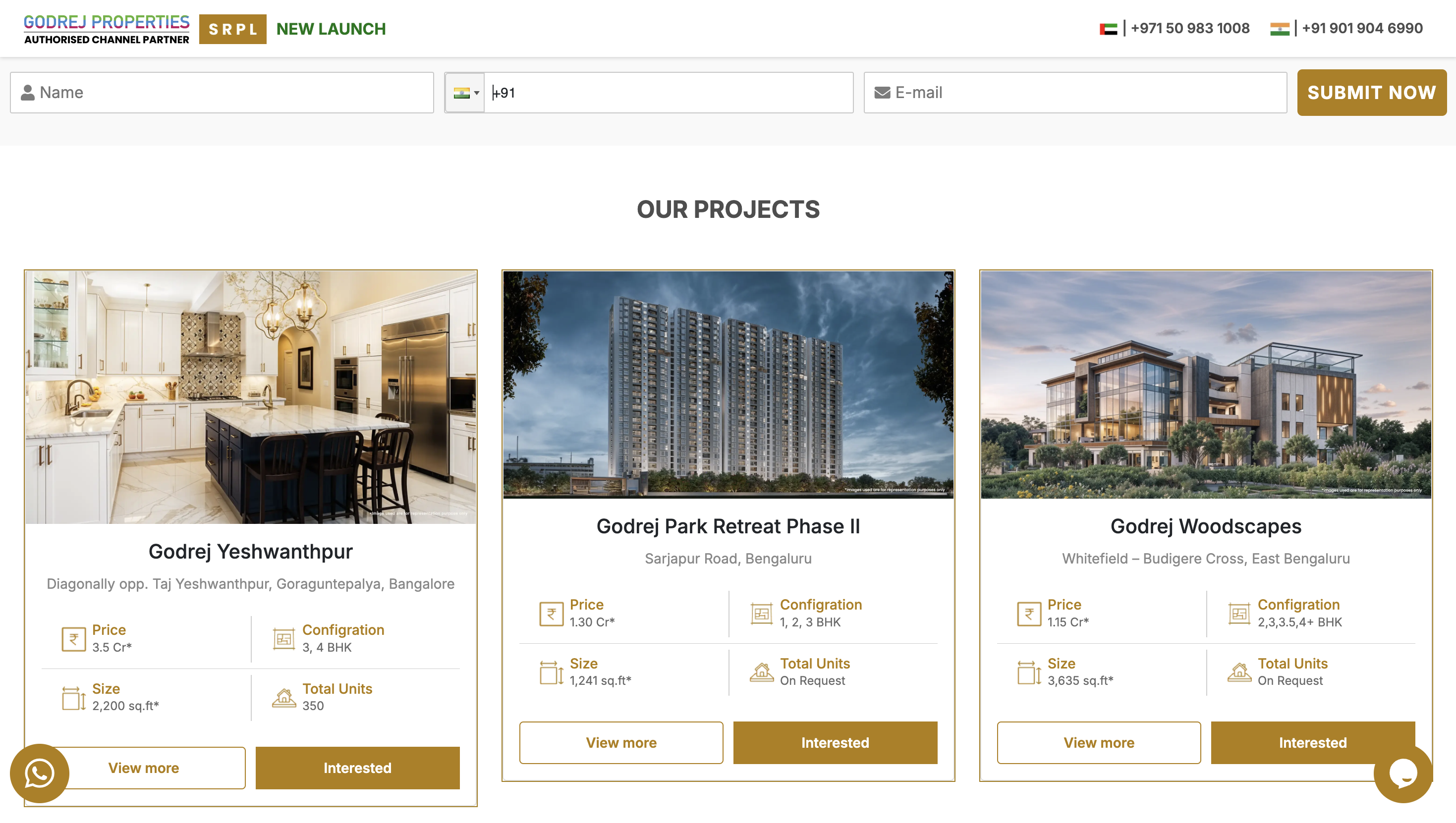 Godrej Properties Bangalore hub showcasing residential projects with enquiry capture