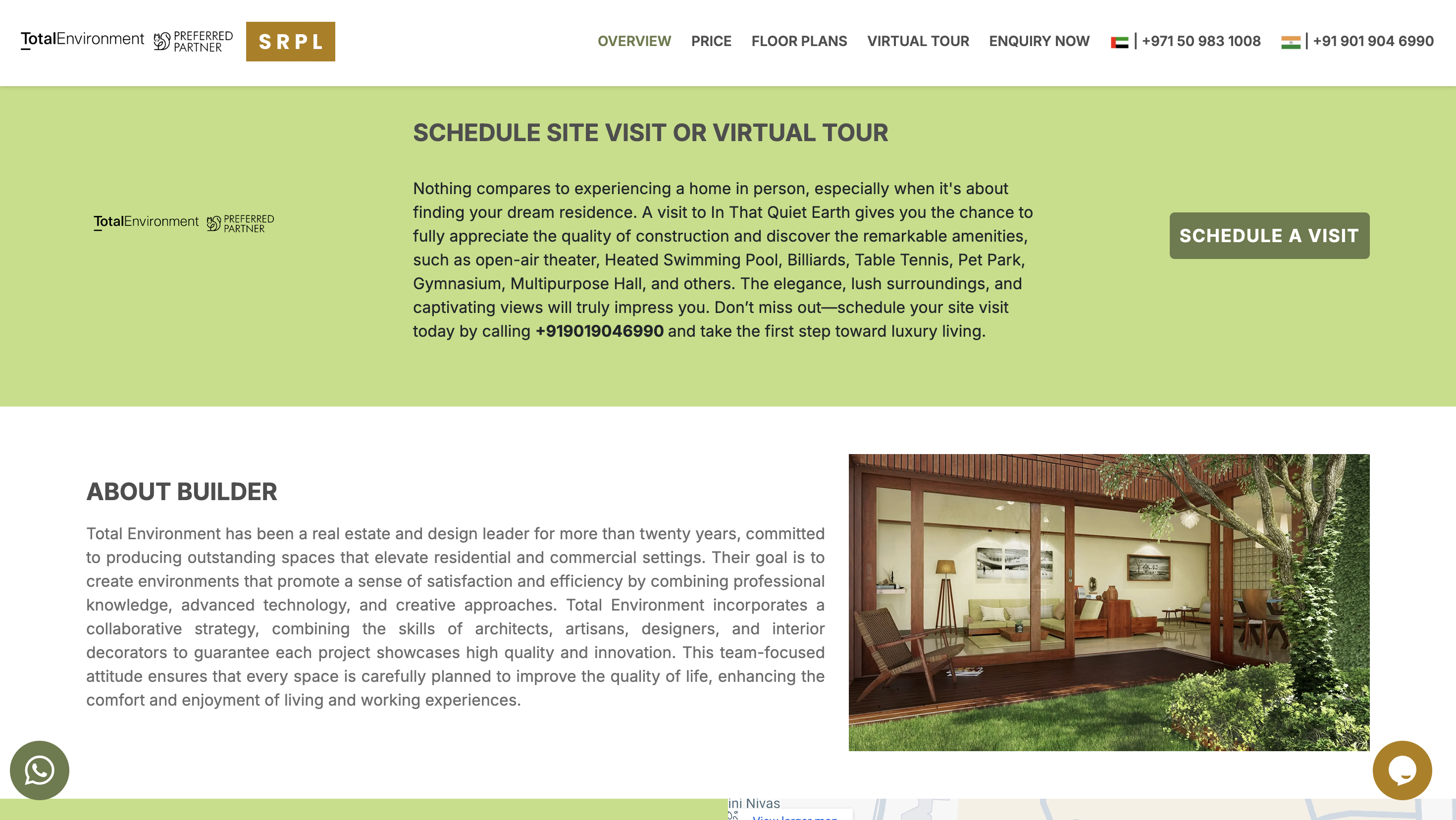 Total Environment “In That Quiet Earth” microsite homepage, showing the project's green landscaping and enquiry form