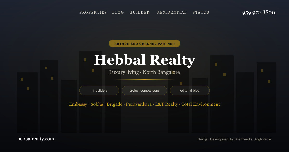 Hebbal Realty homepage — a North Bangalore luxury property portal with builder pages and head-to-head project comparison articles