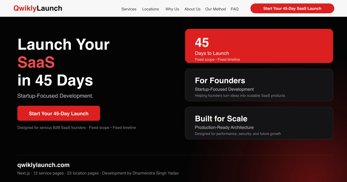 QwiklyLaunch homepage — a fixed-scope 45-day SaaS launch service for B2B founders