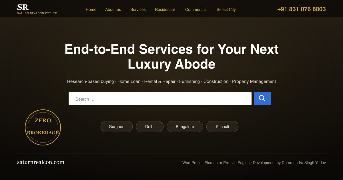 Saturn Realcon homepage — a WordPress luxury real-estate services site with property search and city-based navigation