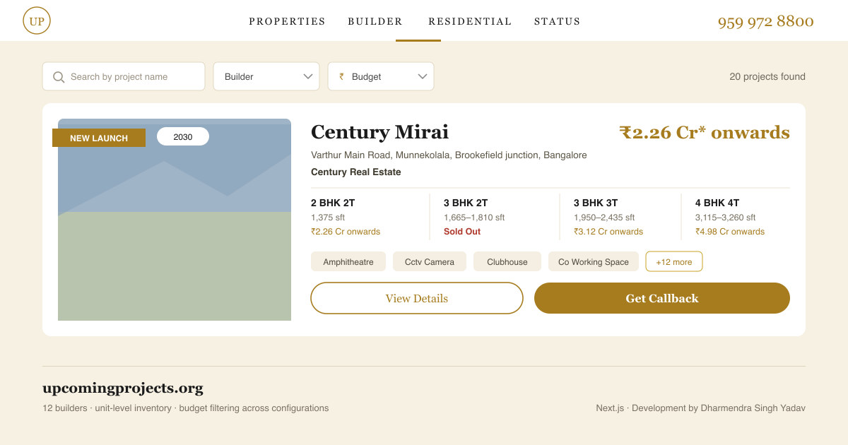 Upcoming Projects homepage — a Bangalore property listing platform showing unit configurations, pricing and sold-out status per project